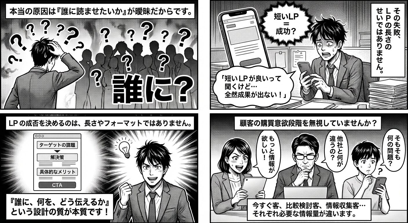 漫画形式でLP作成のポイントを解説。ターゲット設定、解決策提示、メリット、CTAの重要性、そして顧客の購買意欲段階に合わせた情報提供の必要性を図解。