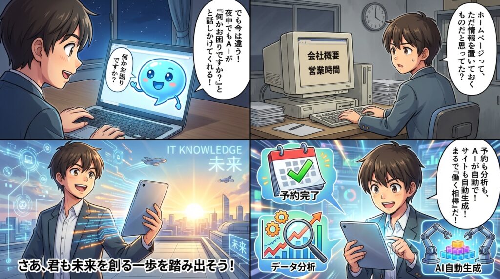 青年がAI技術の進化を体験し、未来を切り拓く様子を描いた4コマ漫画
