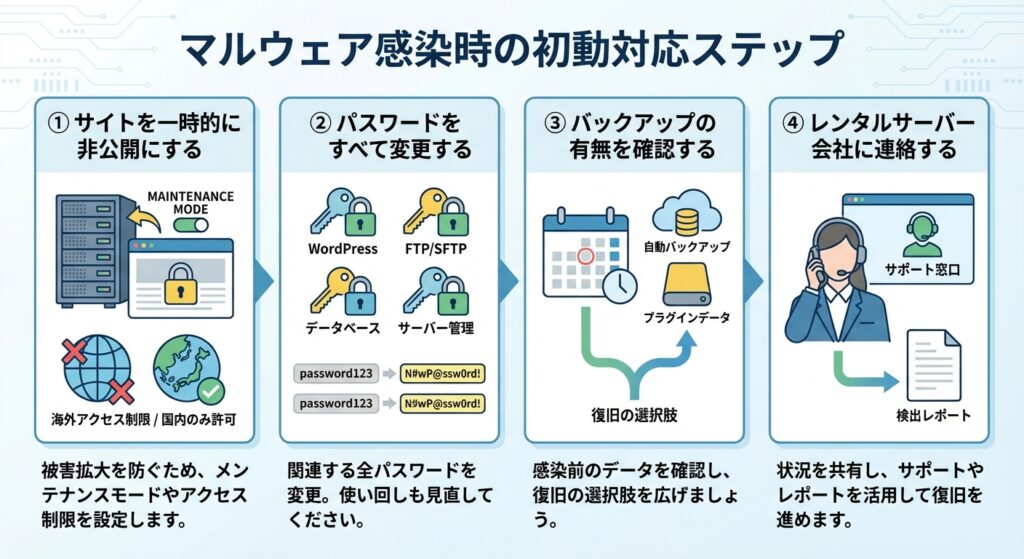 マルウェア感染時の初動対応ステップ:サイト非公開、パスワード変更、バックアップ確認、サーバー会社連絡の4段階