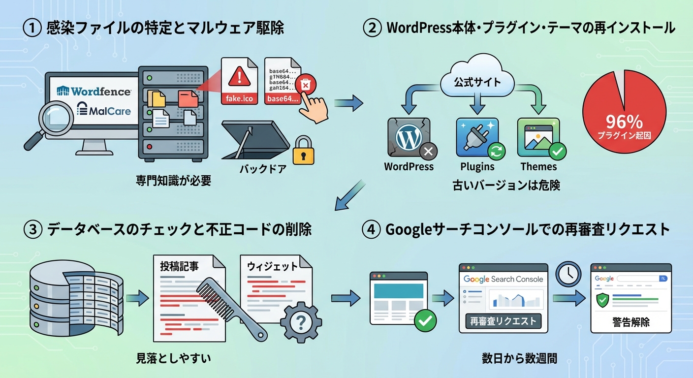 WordPressサイトのマルウェア感染からの復旧プロセスを4つのステップで図解。ファイル削除、再インストール、DBチェック、再審査リクエストの流れ。