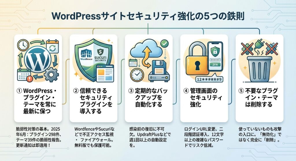 WordPressサイトのセキュリティ強化のための5つの鉄則を示す図解。各項目はアイコンと短い説明で構成されている。