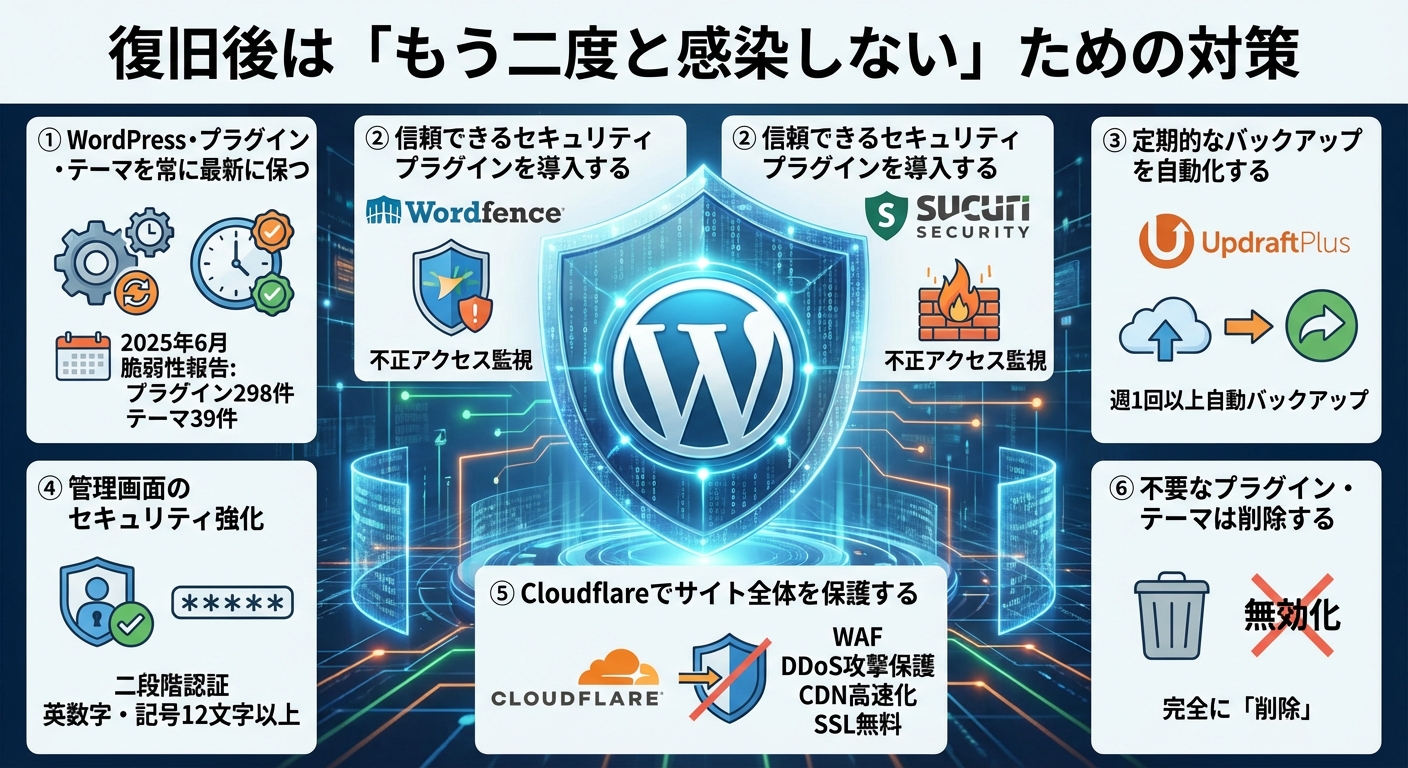 WordPressサイト復旧後の感染対策を解説する図。プラグイン更新、セキュリティ強化、バックアップ、Cloudflare利用、不要プラグイン削除など。