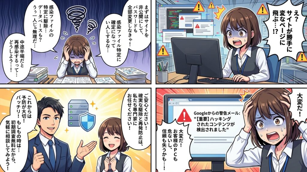 ウェブサイトのセキュリティ問題に悩む女性と、解決策を提示する専門家たち