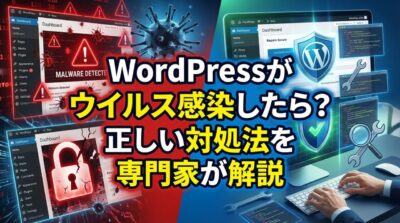 WordPressサイトがマルウェアに感染した際の対処法を専門家が解説するイラスト