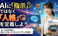 AIに指示ではなく人格を定義しようというメッセージとAIサービスロゴ、女性がタブレットを持つ画像