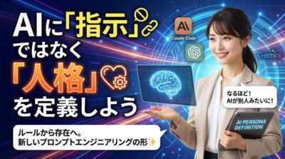 AIに指示ではなく人格を定義しようというメッセージとAIサービスロゴ、女性がタブレットを持つ画像