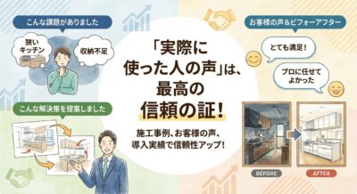キッチンリフォームのビフォーアフターとお客様の満足の声を紹介するイラスト