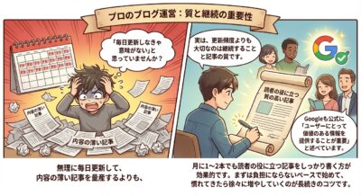ブログ運営の成功には、毎日更新よりも読者の役に立つ質の高い記事の継続が重要であることを示すイラスト。