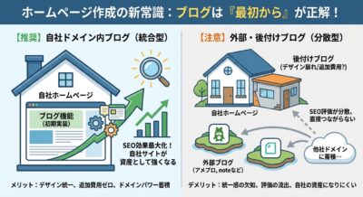 ホームページ作成でブログを「最初から」統合するメリットと、外部ブログのデメリットを比較した図