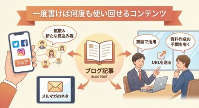 ブログ記事をSNS共有、商談活用、資料作成、メルマガネタにする様子を描いたイラスト
