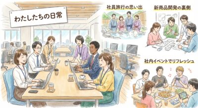 オフィスでの日常、社員旅行、新商品開発、社内イベントの様子を描いたイラスト