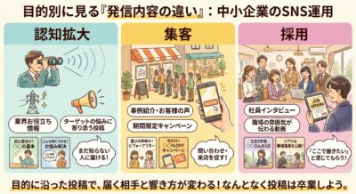 中小企業のSNS活用法を目的別に解説。認知拡大、集客、採用の3つの柱と具体的な投稿例を図解。