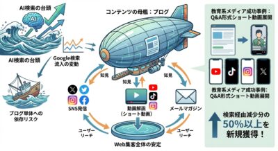 ブログをハブとしたコンテンツマーケティング戦略図。AI検索の影響、SNS、動画、メールマガジンの活用とユーザーリーチ拡大による集客安定化を示す。