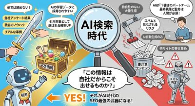 AI検索時代における一次情報とAI自動生成コンテンツの対比。独自の一次情報がSEOの武器になることを示すイラスト。