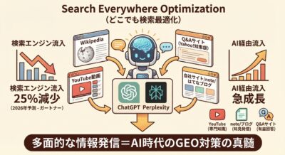 AIロボットが多様な情報チャネルと連携し、AI経由の流入を拡大させる図。検索エンジン流入の減少も示す。