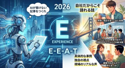 AIロボットとE-E-A-Tの概念図。人間の活動例も描かれている。