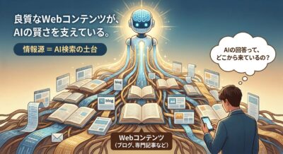 AIロボットがWebコンテンツから情報を得ている様子。男性がスマホを見ながらAIの回答源を思案している。