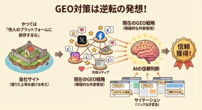 自社サイトからSNS・外部メディアへ発信し、AIが信頼を判断して信頼獲得に至る流れを示す図