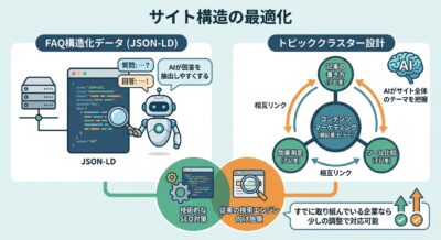 サイト構造最適化の図。JSON-LDとトピッククラスター設計について、AIやデータ連携、コンテンツ戦略を説明。