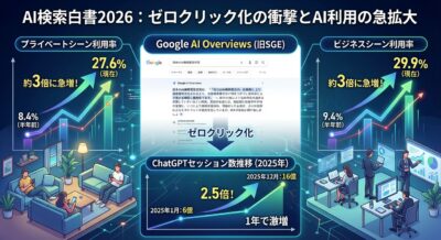 AI検索白書2026のイラスト。AI利用率の急増グラフ、Google AI Overviews、ChatGPTセッション数予測を示す。