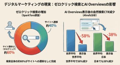 ゼロクリック検索の増加とAI OverviewsによるCTR減少を示すグラフ