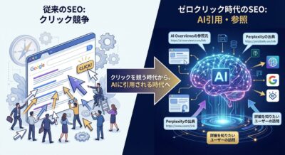 SEOがクリック競争からAIによる情報参照へと進化する様子を描いたイラスト
