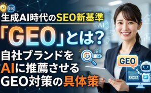 生成AI時代のSEO新基準「GEO」とは？というタイトルと、対策について説明する女性の画像