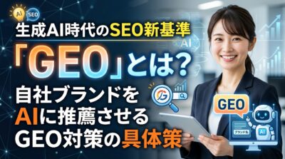 生成AI時代のSEO新基準「GEO」とは？というタイトルと、対策について説明する女性の画像