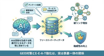 AIがファーストパーティデータを分析し、SEO効果(被リンク増加、権威性向上)に繋がることを示す図解イラスト