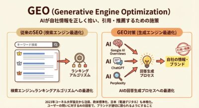 従来のSEOとGEO(生成エンジン最適化)の比較図。AIが回答生成プロセスを経て、自社情報・ブランドに影響を与える様子。