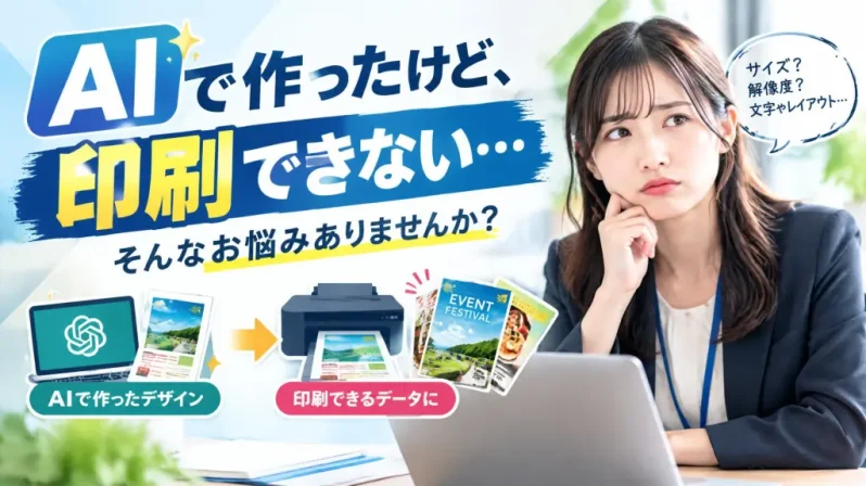 AIデザインを印刷できず悩む女性とプリンターのイラスト